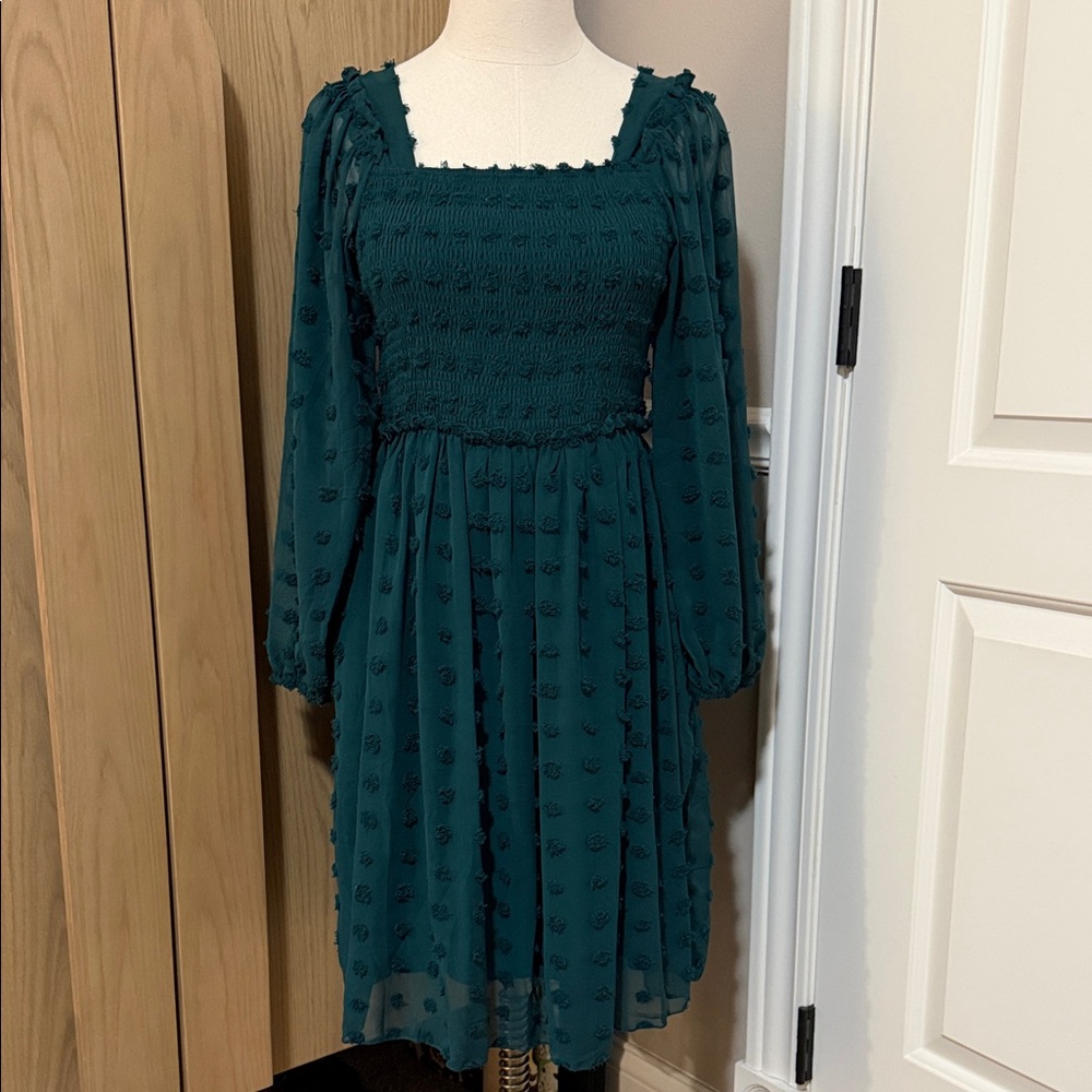 BTFBM Square Neck Smocked Long Sleeve Dress